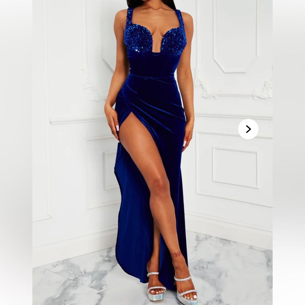Elegant Blue Sequin Evening Ruched Maxi Gown
